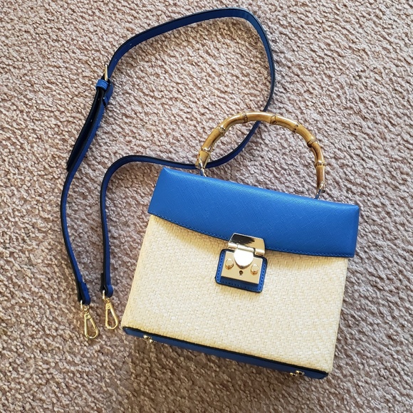 NWOT Cute Spring Blue Bamboo Handle Straw Bag - Picture 4 of 16